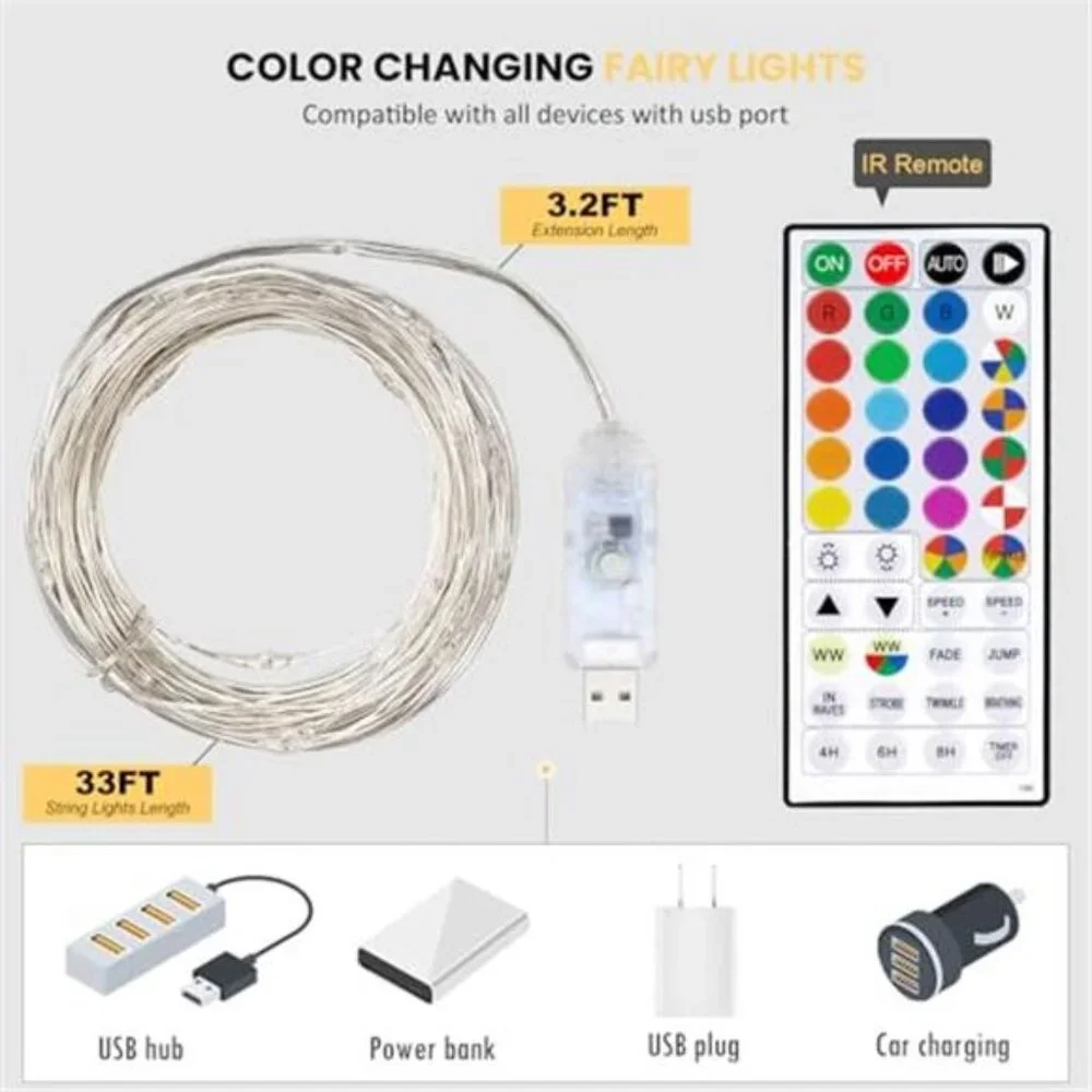 USB Fairy Lights 33ft 100 LED String Lights Remote Multicolor Twinkle Party